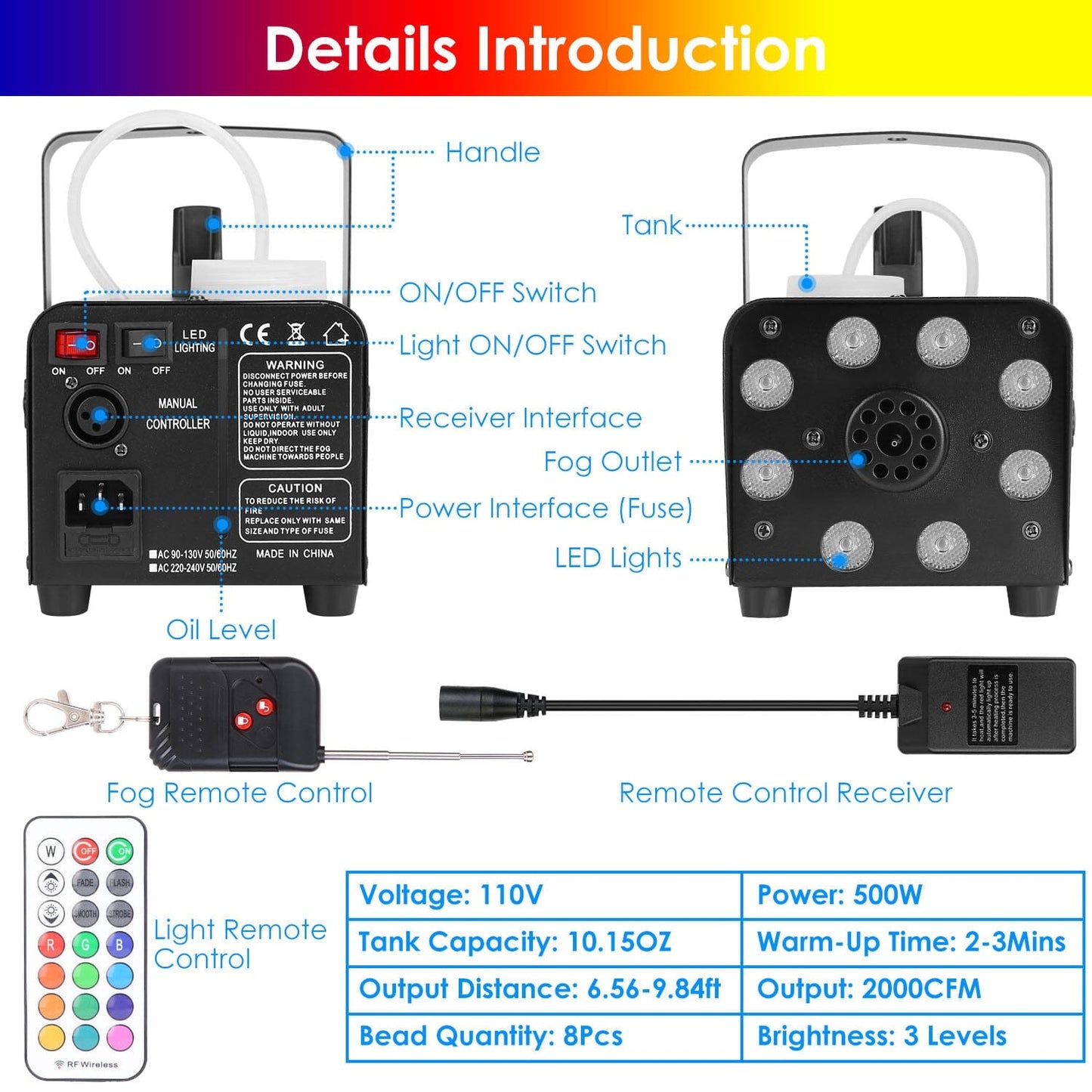 Rynx | 500W Fog Enhancer 2000CFM Colorful Fog Machine with 8-Piece LED 5 Light Effects 3-Level Brightness