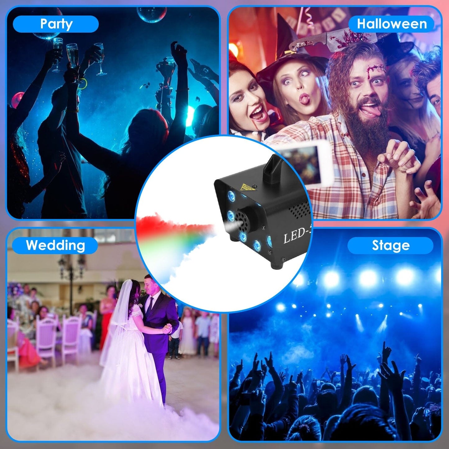 Rynx | 500W Fog Enhancer 2000CFM Colorful Fog Machine with 8-Piece LED 5 Light Effects 3-Level Brightness