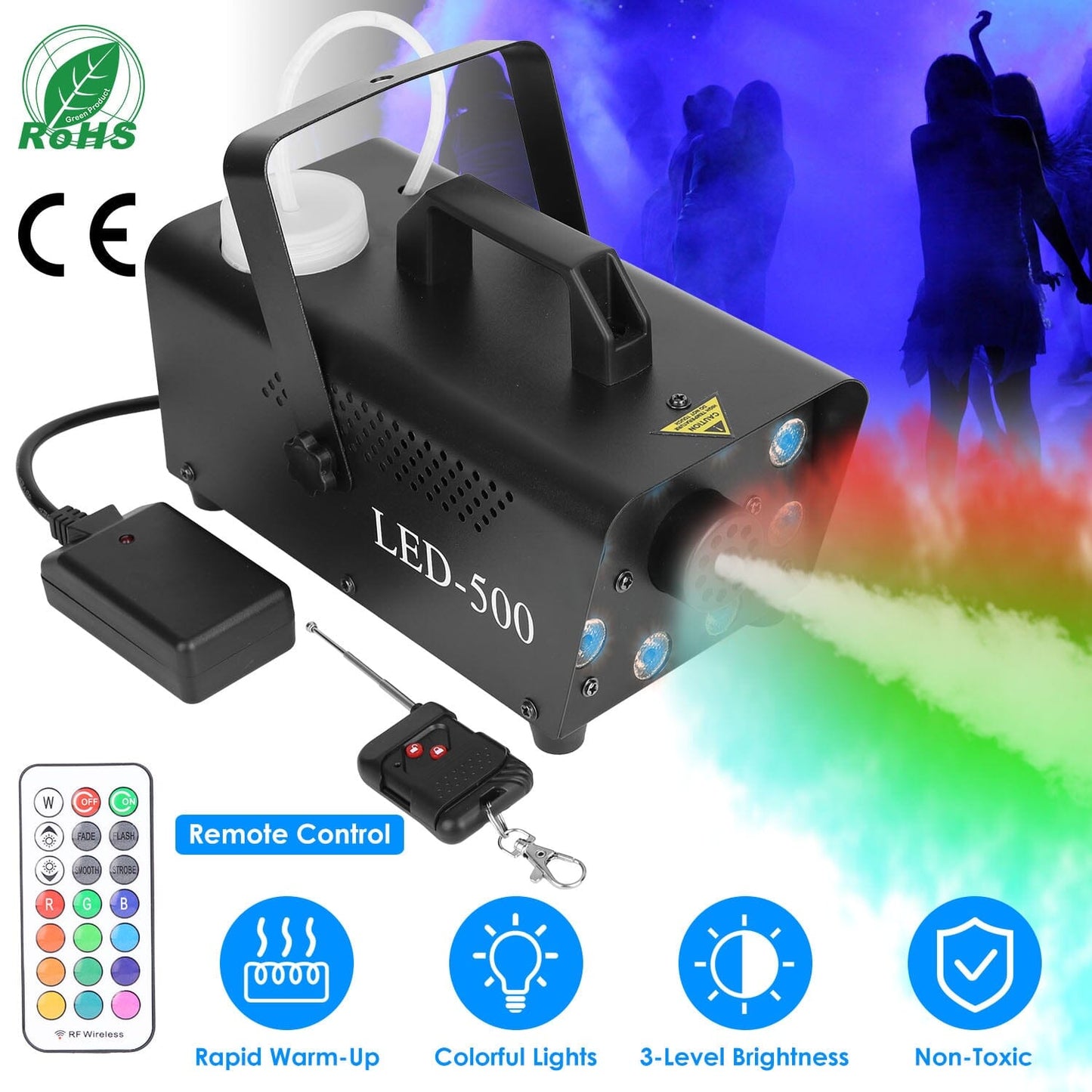 Rynx | 500W Fog Enhancer 2000CFM Colorful Fog Machine with 8-Piece LED 5 Light Effects 3-Level Brightness