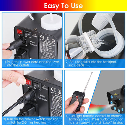 Rynx | 500W Fog Enhancer 2000CFM Colorful Fog Machine with 8-Piece LED 5 Light Effects 3-Level Brightness