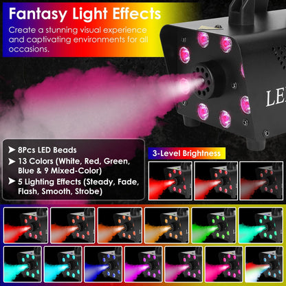 Rynx | 500W Fog Enhancer 2000CFM Colorful Fog Machine with 8-Piece LED 5 Light Effects 3-Level Brightness