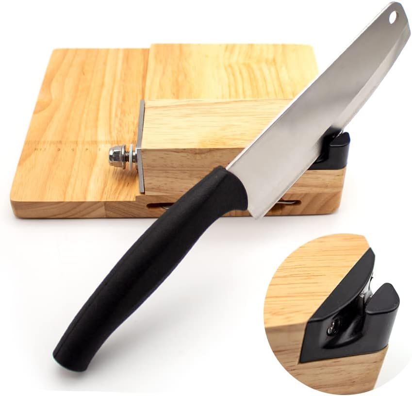 Rynx | Manual Guillotine Beef Jerky Cutter – Stainless Steel Cutting Knife with Oak Board, Bread & Meat Knife