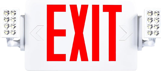 Rynx | Sunco Red Emergency Exit Sign With Emergency Lighting, Two Adjustable LED Lights, 94V-0 Fire Resistant, Emergency Power, 120-277V, Wall Or C