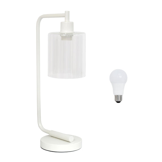 Rynx | Simple design Ld1036-Wht-Lb 18.8" Industrial Bronson Antique Style Iron Lantern Desk Lamp with Glass Shade for Home Decor, Office, Living Room, Bedroom, White, with Fat Led Light Bulb Included