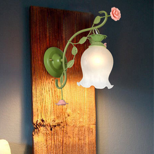 Rynx | Countryside Rose Wall Lamp 1 Head Metal Wall Fixture Lighting in White/Green for Bedroom