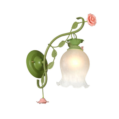Rynx | Countryside Rose Wall Lamp 1 Head Metal Wall Fixture Lighting in White/Green for Bedroom