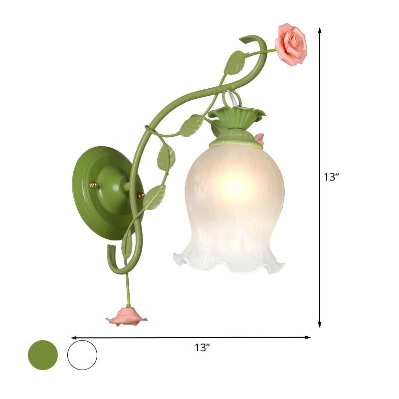 Rynx | Countryside Rose Wall Lamp 1 Head Metal Wall Fixture Lighting in White/Green for Bedroom