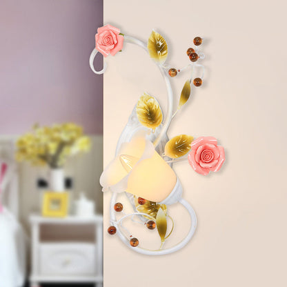 Rynx | Country curved arm wall lamp 1 bulb metal roses wall lighting in white for living room, left/right