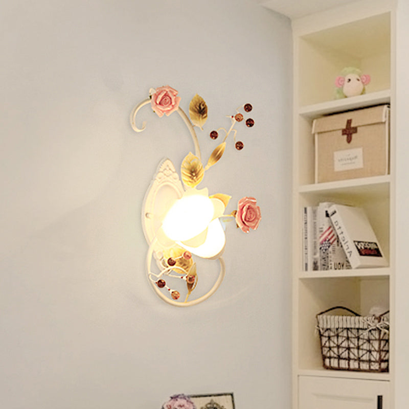 Rynx | Country curved arm wall lamp 1 bulb metal roses wall lighting in white for living room, left/right
