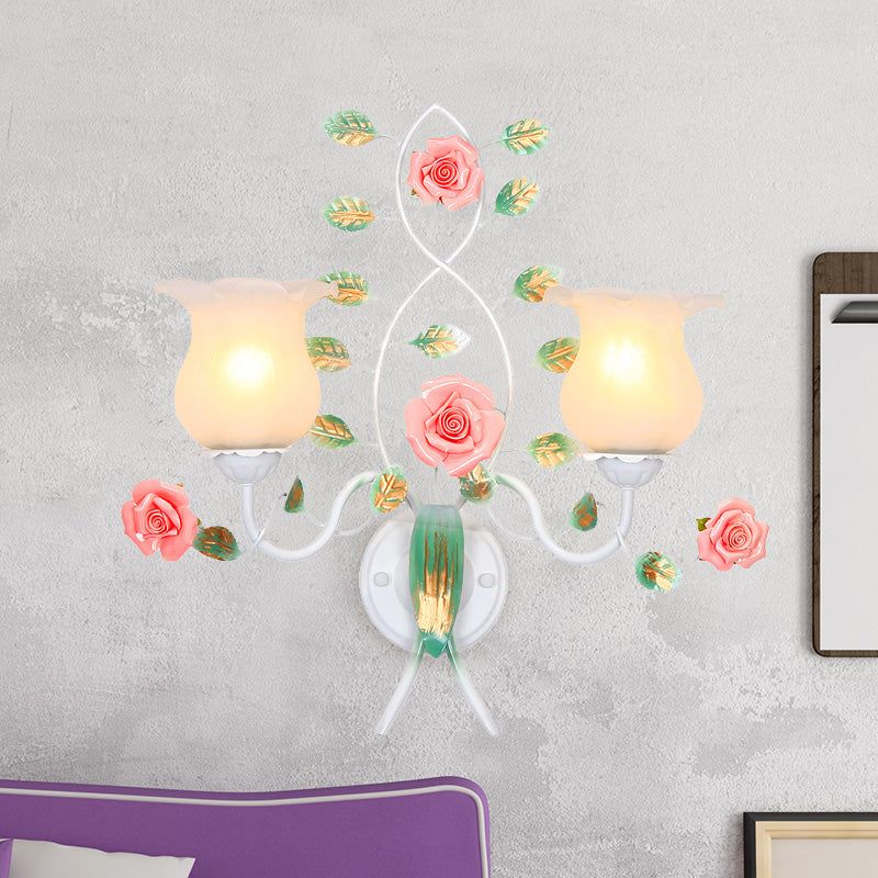Rynx | 1/2 Bulbs Metal Wall Lamp Pastoral White Flower Living Room Wall Mounted Lighting