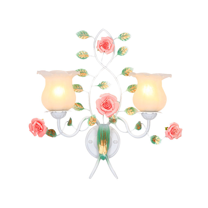 Rynx | 1/2 Bulbs Metal Wall Lamp Pastoral White Flower Living Room Wall Mounted Lighting