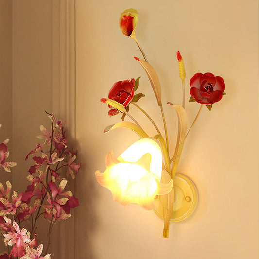 Rynx | Pastoral Rose Wall Light Sconces 1/2 Lamps Metal Wall Lamp Fixture in White for Bedroom