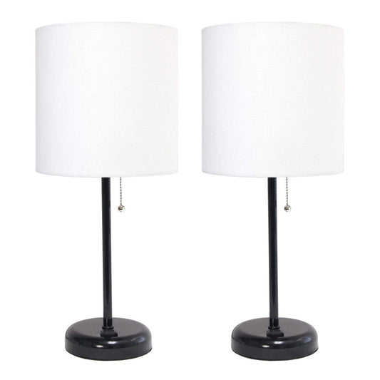 Rynx | Limelights Lc2001-Baw-2Pk Black Stick Table Lamp With Charging Socket & Fabric Shade; White - Set Of 2