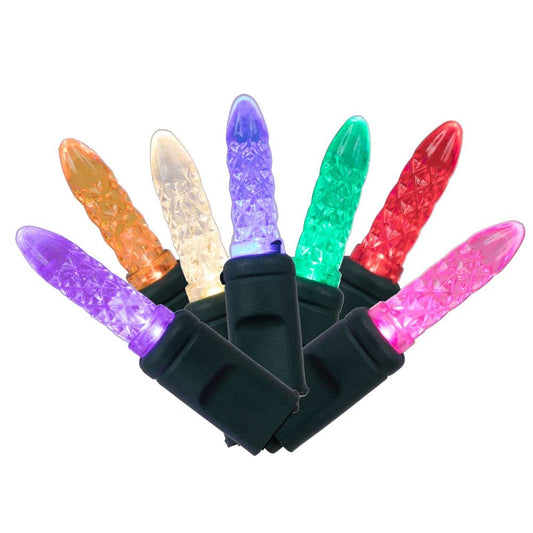 Rynx | Vickerman 70 Multi-Colored M5 Faceted LED Lights On Green Wire, 4" Spacing X 24' Long Light String.