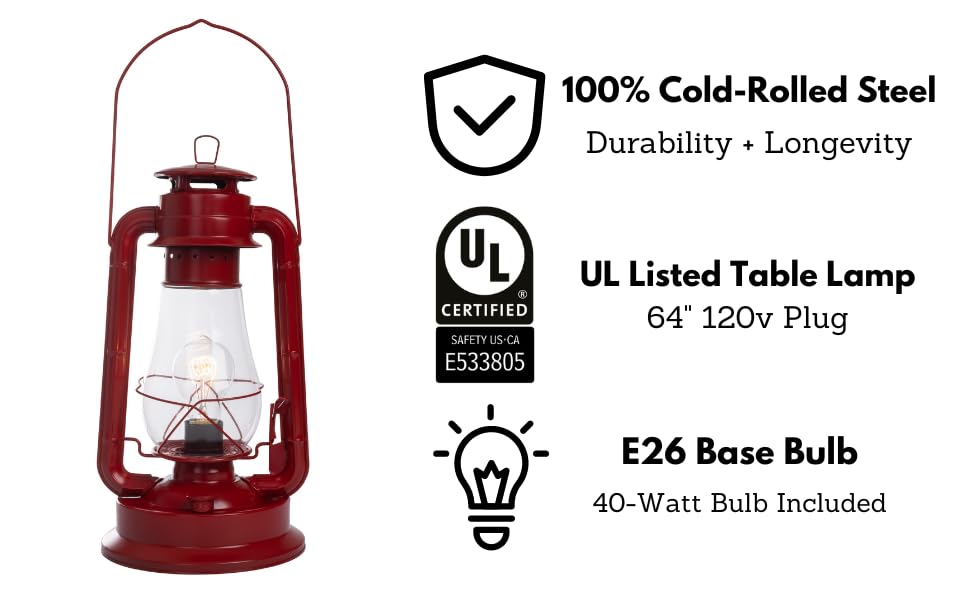Rynx | Muskoka Rustic Country House Lantern Table Lamp - Dimmable Edison Light Bulb, UL Approved, Red Finish