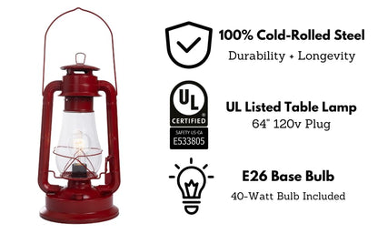 Rynx | Muskoka Rustic Country House Lantern Table Lamp - Dimmable Edison Light Bulb, UL Approved, Red Finish