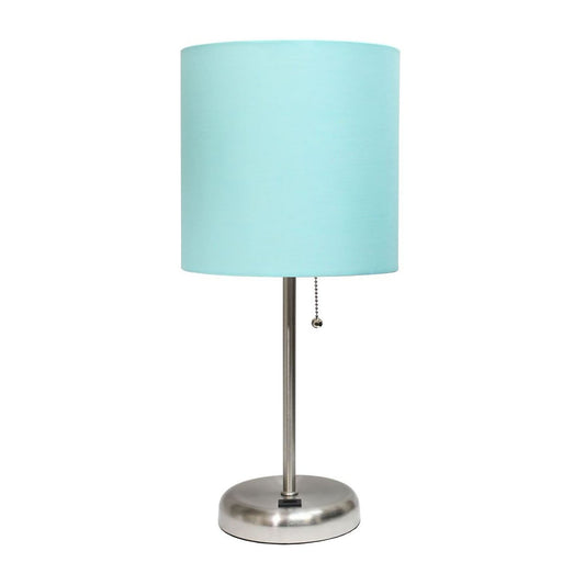 Rynx | Creekwood Home 19.5" Metal Table Lamp With USB Port & Aqua Drum Shade, Brushed Steel Finish