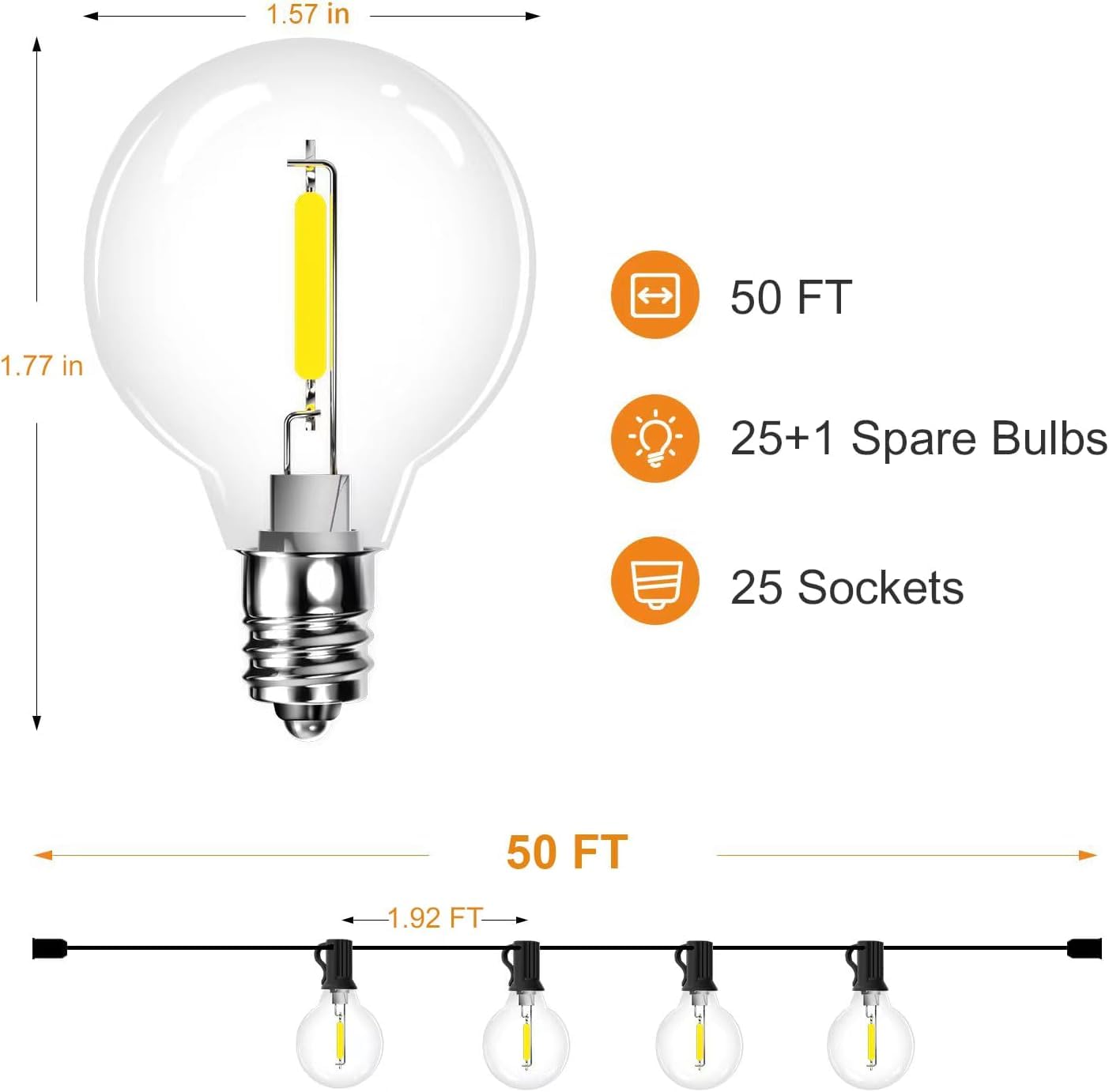 Rynx | Rtty 50Ft Outdoor String Lights, G40 Unbreakable Globe Lights For Patio & Party