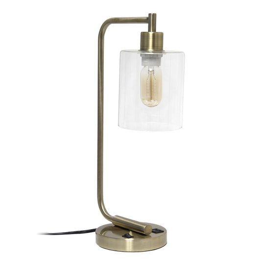 Rynx | Simple Design Ld1066-Abs Bronson Antique Style Industrial Iron Lantern Table Lamp With 2 Double USB Ports And Glass Shade, Antique Brass