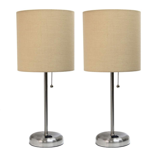 Rynx | Limelights Lc2001-Tan-2Pk Brushed Steel Table Lamp With Charging Socket & Fabric Shade; Tan - Set Of 2