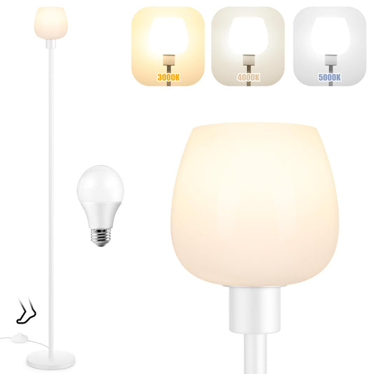 Rynx | Floor lamp for living room with 3 color temperatures, standing lamp with white opal glass shade, modern tall lamp with foot switch, pole lamp for office bedroom dining room, 9W LED bulb included
