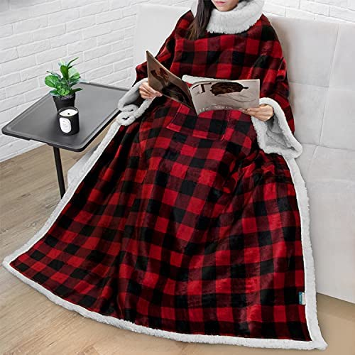 Rynx | Deluxe Cozy Sherpa or Fleece Adult Portable 70" Blanket with Sleeves for Men & Women