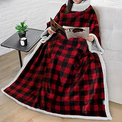 Rynx | Deluxe Cozy Sherpa or Fleece Adult Portable 70" Blanket with Sleeves for Men & Women