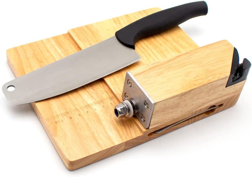 Rynx | Manual Guillotine Beef Jerky Cutter – Stainless Steel Cutting Knife with Oak Board, Bread & Meat Knife