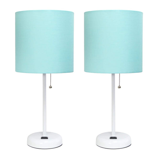 Rynx | Limelights Lc2001-Aow-2Pk White Table Lamp With Charging Socket & Fabric Shade; Aqua - Set With 2
