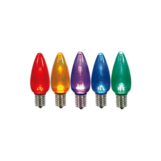 Rynx | Vickerman C9 Twinkle Transparent Plastic Led Multi-Color Dimmable Bulb, E17 Nickel Base, 3 Diode, .90Watts, 120Volts, 5 Each Of Red, Blue, Green, Amber And Purple, 25 Per Box