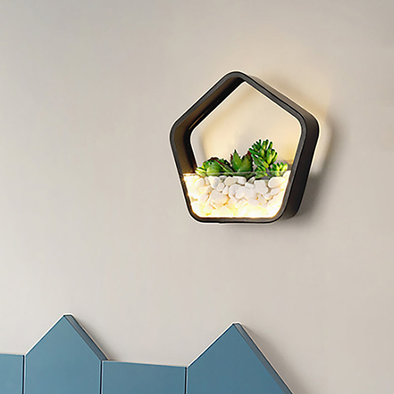 Rynx | Artificial Succulent Plants Wall Lamp Metal Stone Modern Creative Wall Lamp in Black for Bedroom