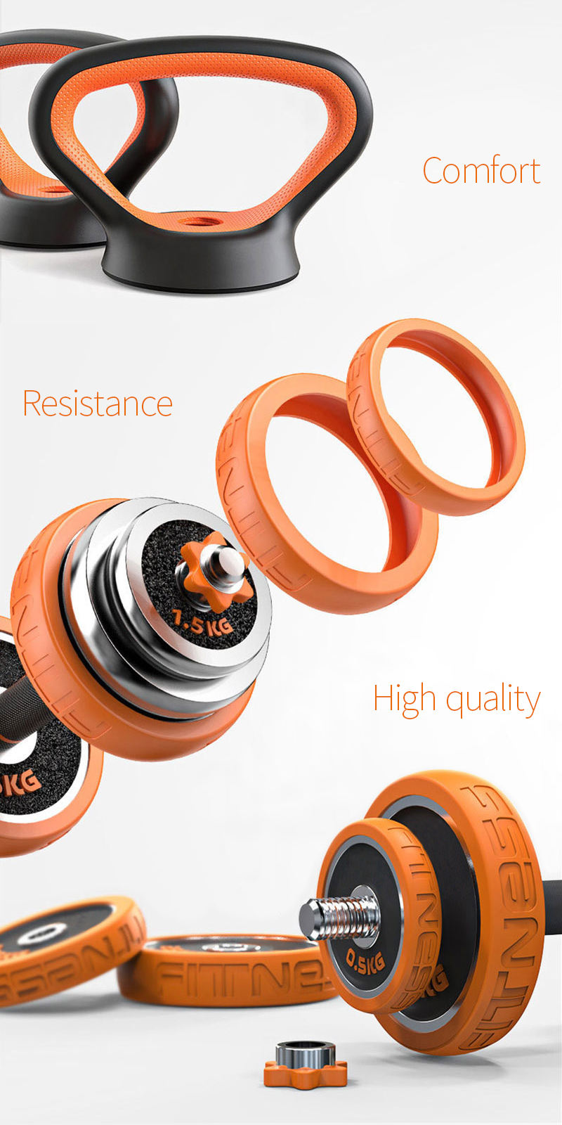 Rynx | DB-2306 Weightlifting set with barbell, dumbbells, and kettlebells