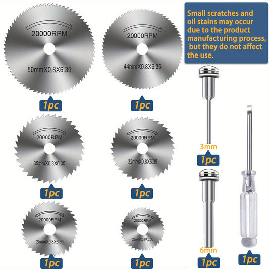 Rynx | 9pcs Cutting Wheel Set for Rotary Tools - HSS Saw Blades for Drills, Includes 6 Cutting Discs, 1/8" and 1/4" Round Shanks, Screwdriver for Wood, Plastic and Aluminum Cutting