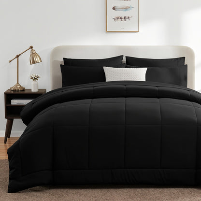 Rynx | 7 Pcs Bed In A Bag - Bedding Set with All Season Quilted Comforter, Flat Sheet, Fitted Sheet, Pillowcases - Black, Queen