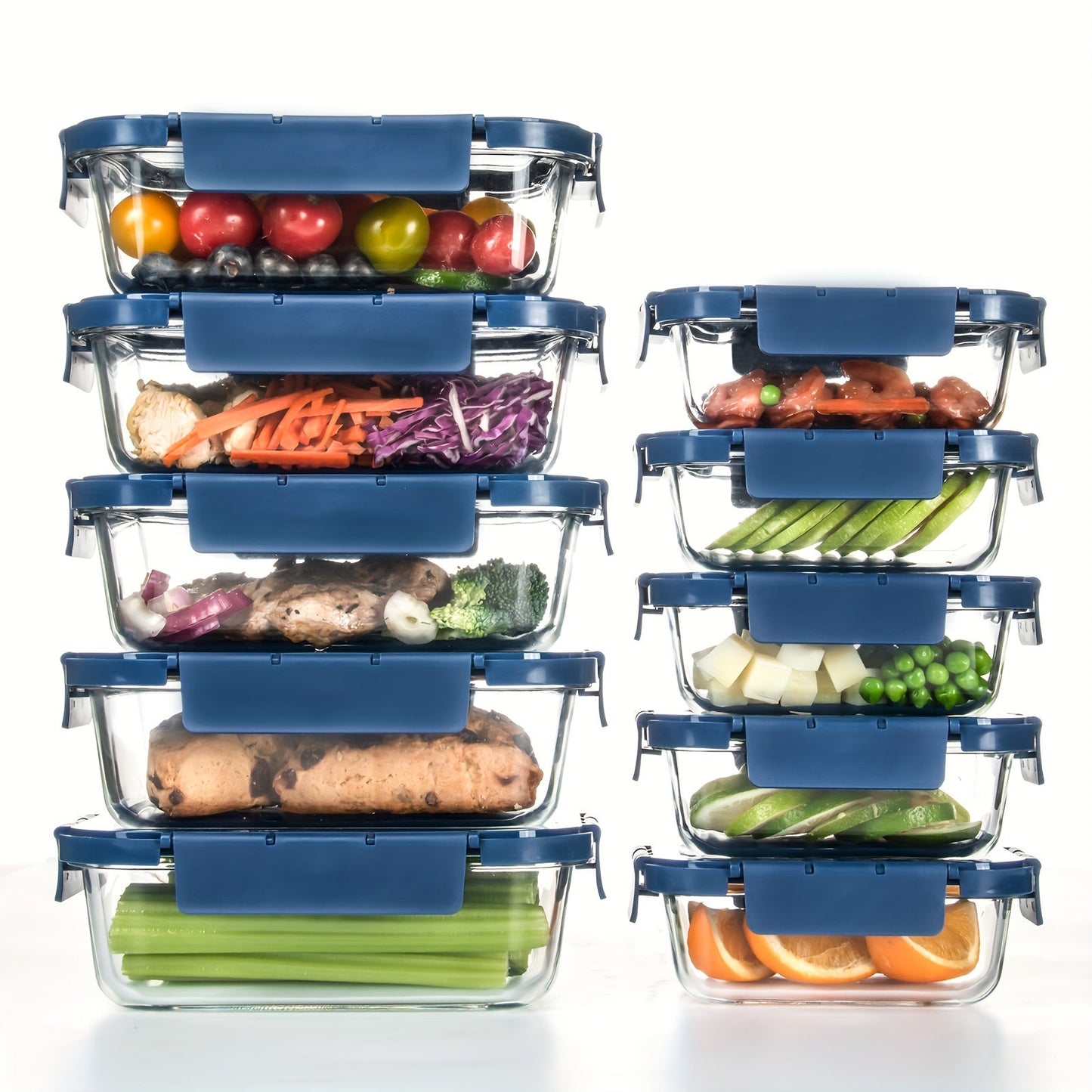 Rynx | 10-Pack Glass Meal Prep Containers Set with Airtight Lids – Durable Food Storage & Glass Lunch Boxes for Home, Kitchen, Office Navy Blue-B