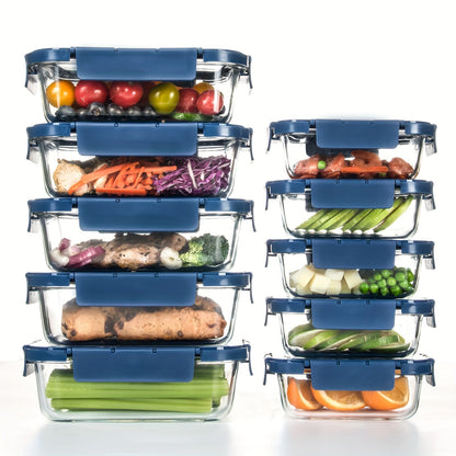 Rynx | 10-Pack Glass Meal Prep Containers Set with Airtight Lids – Durable Food Storage & Glass Lunch Boxes for Home, Kitchen, Office Navy Blue-B