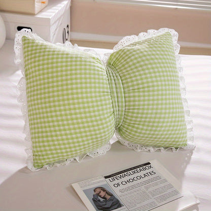 Rynx | Niedliches Schleifen-Karomuster-Wurfkissen - Minimalistischer Stil Dekokissen mit Spitzenborte, 100% Polyester, Maschinenwaschbar für Wohnzimmer, Schlafzimmer & Rücksitz des Autos - Pink, Blau, Grün, Gelb, Gemütliche Wohnakzente | Polye