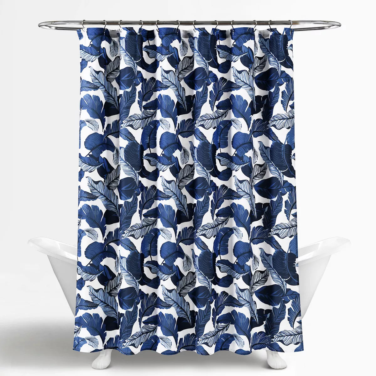 Rynx | Navy Blue Leaves Shower Curtain with Hooks, Geometric Figures Bathroom Curtains with Ring, Unique Bathroom Decoration, Boho Shower Curtain, Custom Bathroom Curtains, Extra Long Shower Curtain