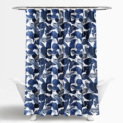 Rynx | Navy Blue Leaves Shower Curtain with Hooks, Geometric Figures Bathroom Curtains with Ring, Unique Bathroom Decoration, Boho Shower Curtain, Custom Bathroom Curtains, Extra Long Shower Curtain