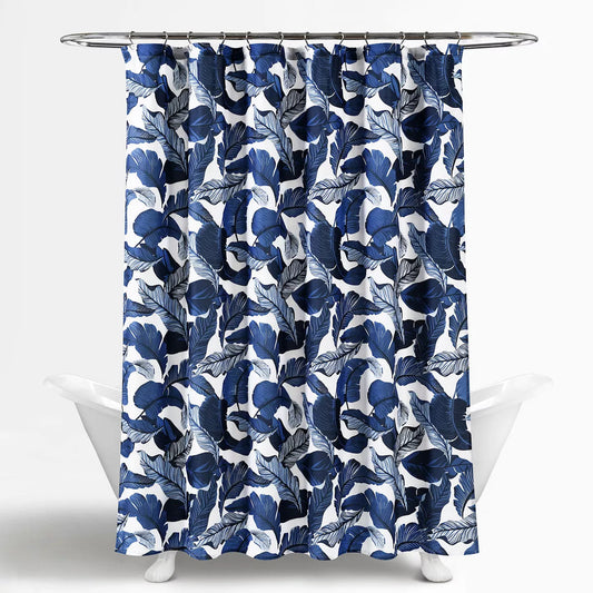 Rynx | Navy Blue Leaves Shower Curtain with Hooks, Geometric Figures Bathroom Curtains with Ring, Unique Bathroom Decoration, Boho Shower Curtain, Custom Bathroom Curtains, Extra Long Shower Curtain
