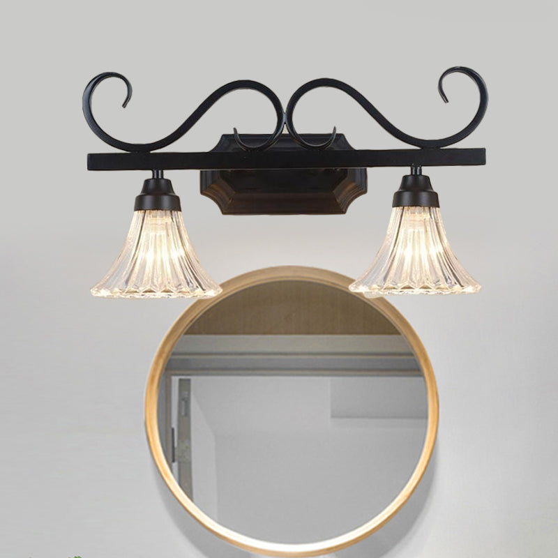 Rynx | Black 2-Light Wall Sconce Traditional Clear Textured Glass Bell Make-Up Lighting for Bathroom