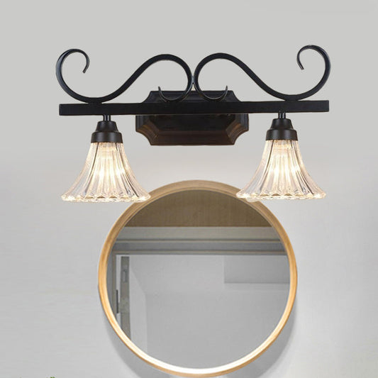 Rynx | Black 2-Light Wall Sconce Traditional Clear Textured Glass Bell Make-Up Lighting for Bathroom