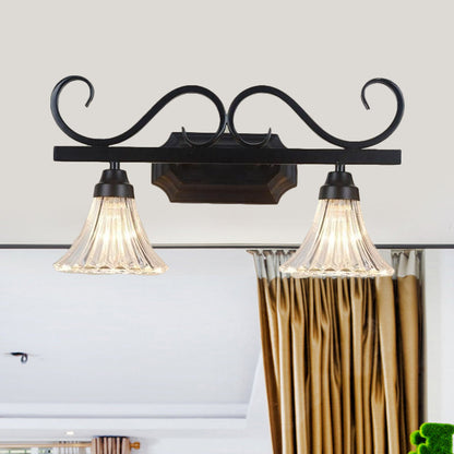 Rynx | Black 2-Light Wall Sconce Traditional Clear Textured Glass Bell Make-Up Lighting for Bathroom