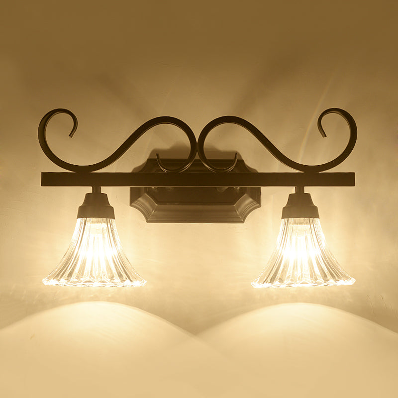 Rynx | Black 2-Light Wall Sconce Traditional Clear Textured Glass Bell Make-Up Lighting for Bathroom
