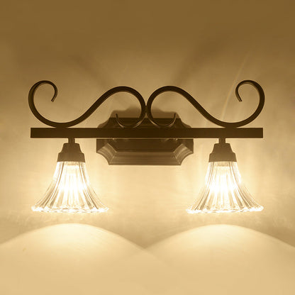 Rynx | Black 2-Light Wall Sconce Traditional Clear Textured Glass Bell Make-Up Lighting for Bathroom