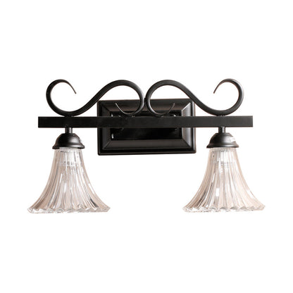 Rynx | Black 2-Light Wall Sconce Traditional Clear Textured Glass Bell Make-Up Lighting for Bathroom