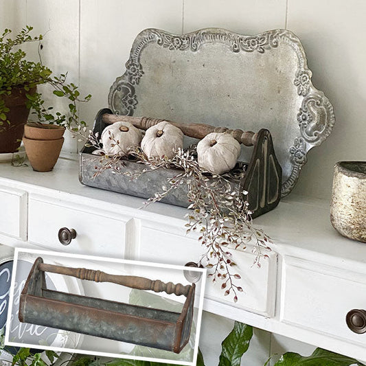 Rynx | Rusty patina galvanized metal caddy with wooden spool handle