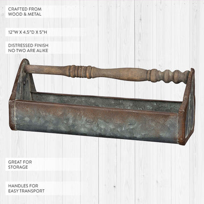 Rynx | Rusty patina galvanized metal caddy with wooden spool handle