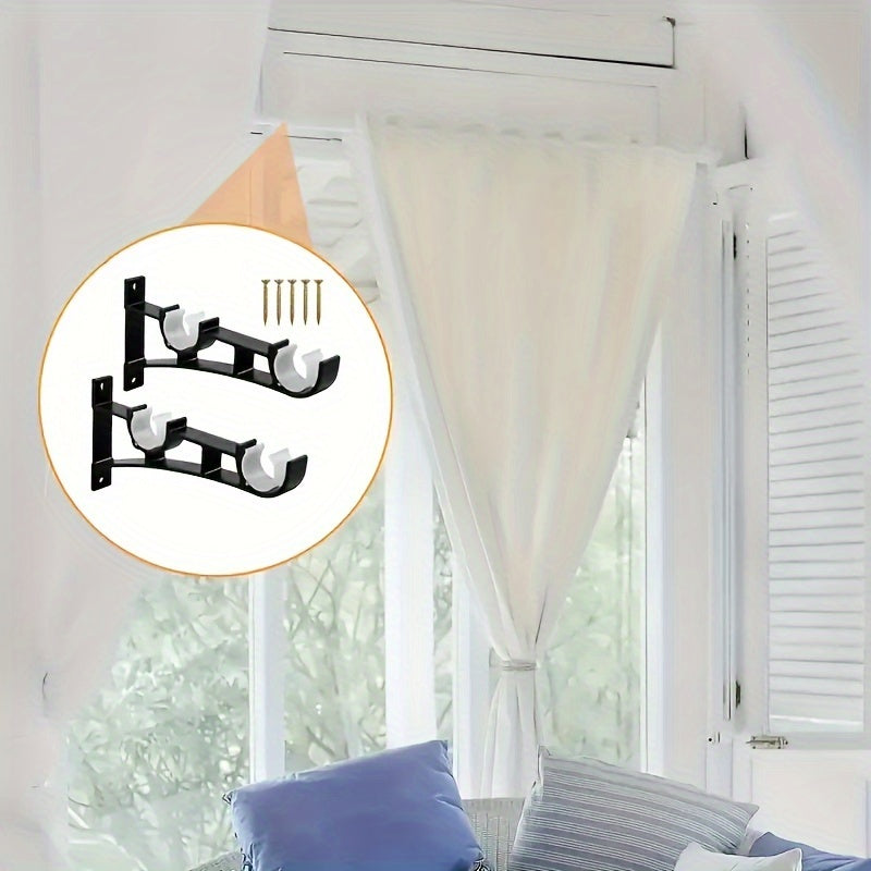 Rynx | 2 Sets Heavy Duty Curtain Rod Brackets - Black Metal Double Holder Hooks, Includes 4 Screws, Supports Up to 50kg