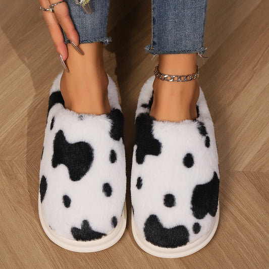 Rynx | Shady Cow Print Plush Slippers for Couples - Cozy Anti-Slip Soft Home Shoes for Winter
